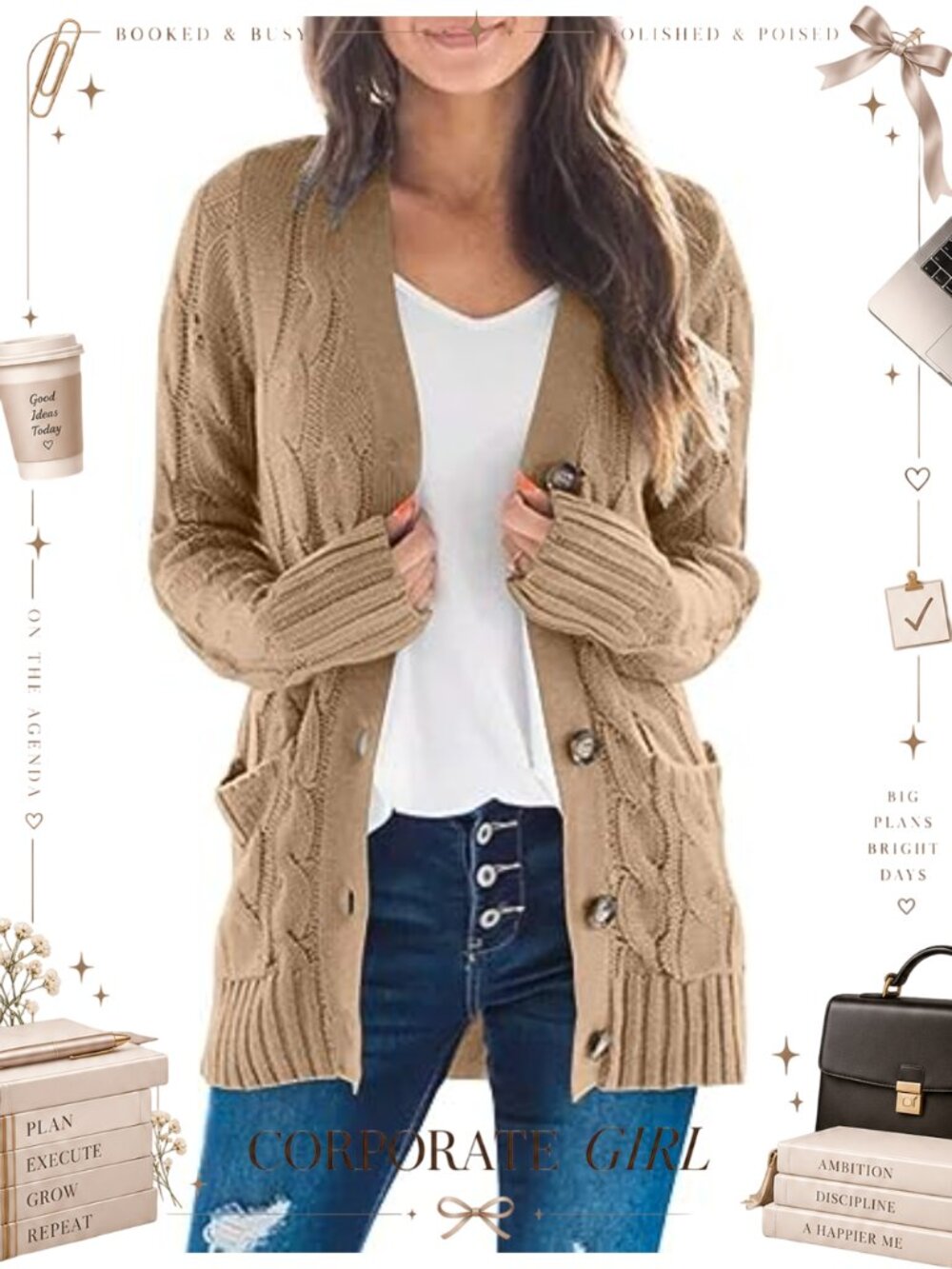 Cable Knit Button Open Front Lightweight Cardigan Sweater